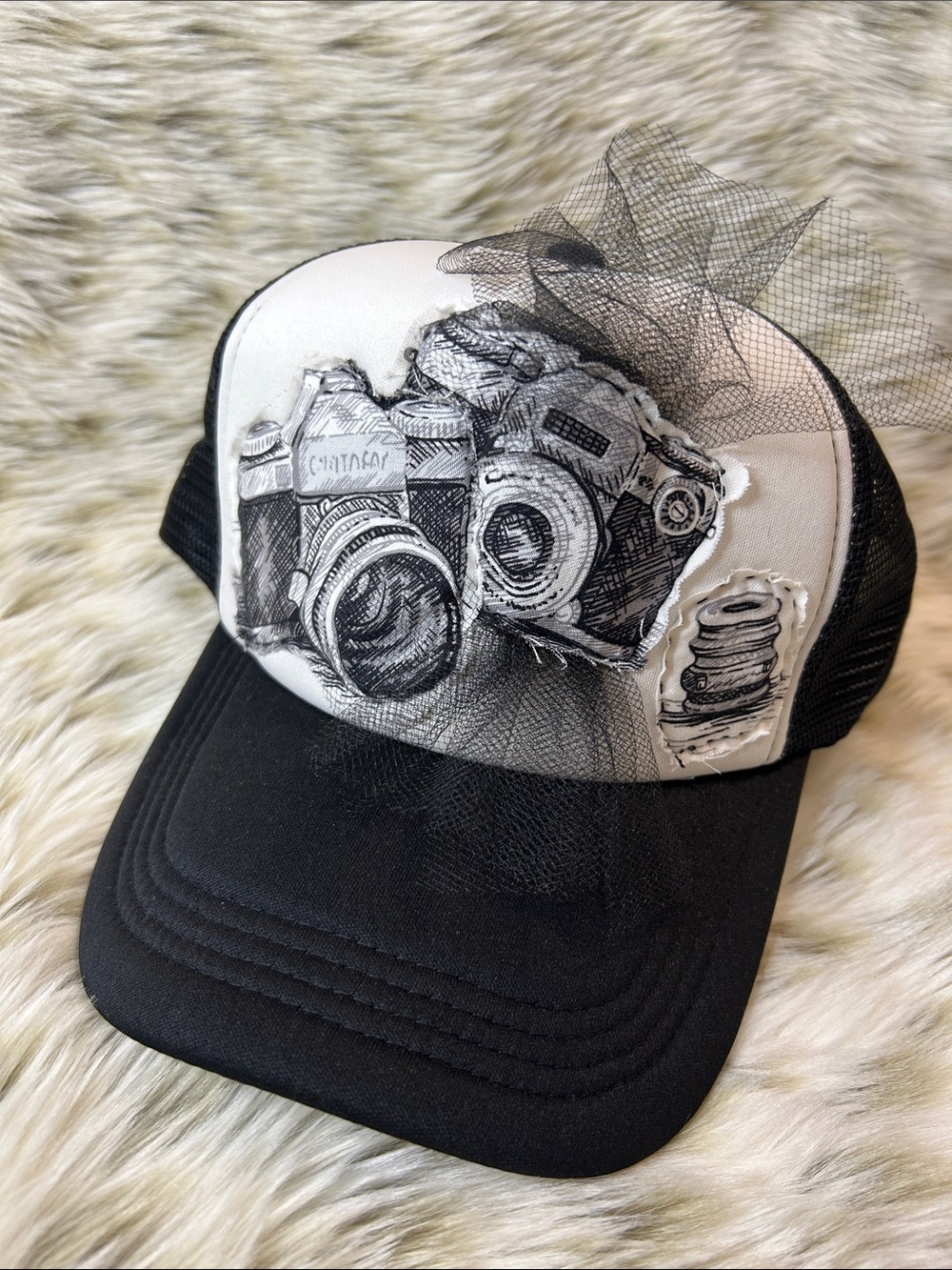 Upcycled Camera Print Tulle Trucker Hat